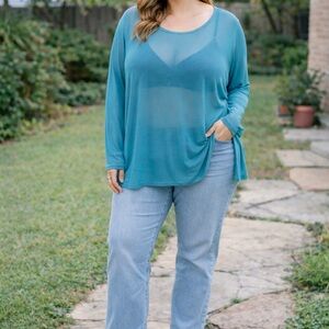 Origami Sheer Long Sleeve Teal Top XXL Lightweight Layering
